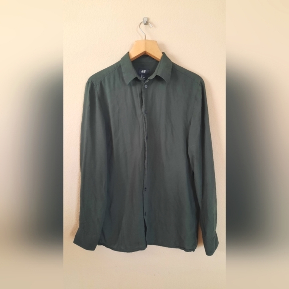 H&M Green Linen Blend Button Down Long Sleeve Blouse